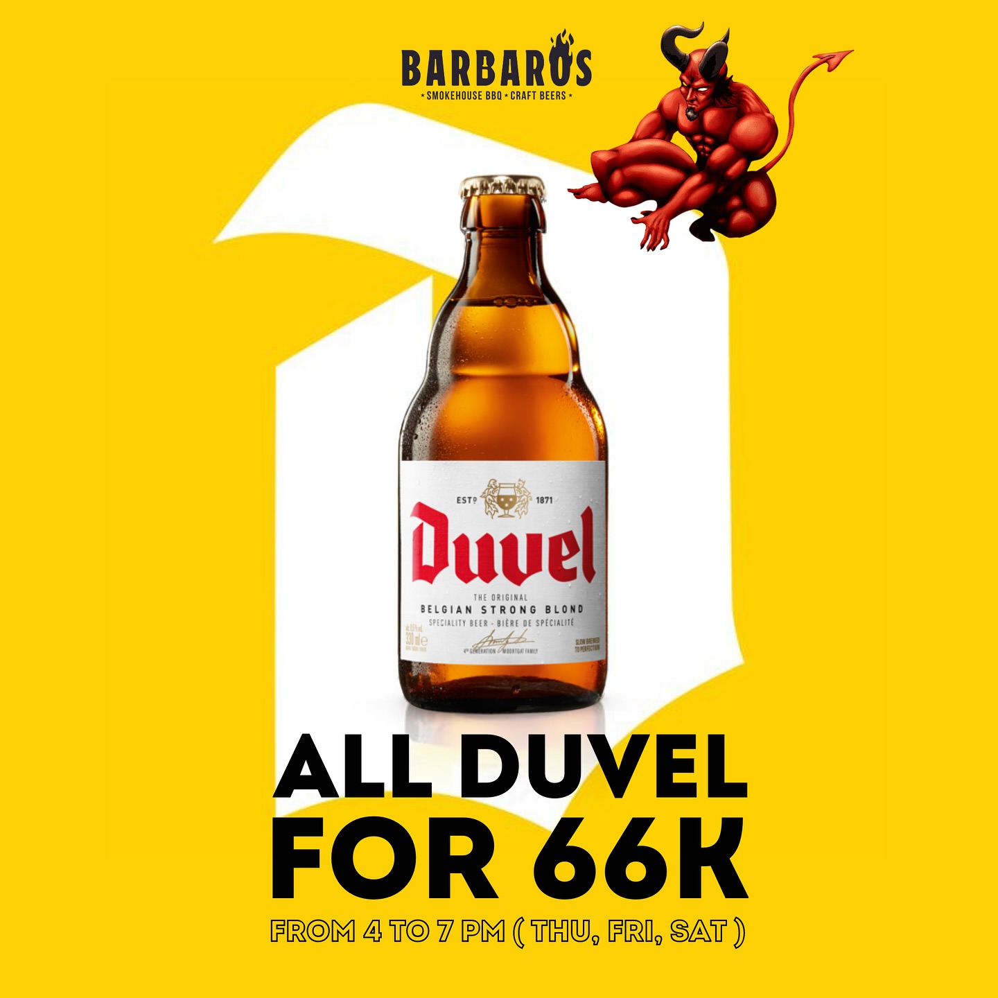 Duvel Devil Time at Barbaros Restaurant in Tay Ho, Hanoi. From Thursday to Saturdays, from 4 pm to 7 pm, enjoy all Duvel beers for only 66,000 vietnam dong.