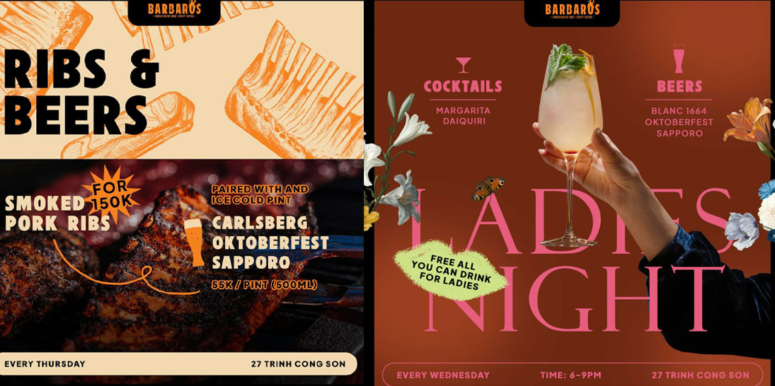 Ladies Night and Pork Ribs special events upgraded at Barbaros Restaurant in Tay Ho, Hanoi, Vietnam.