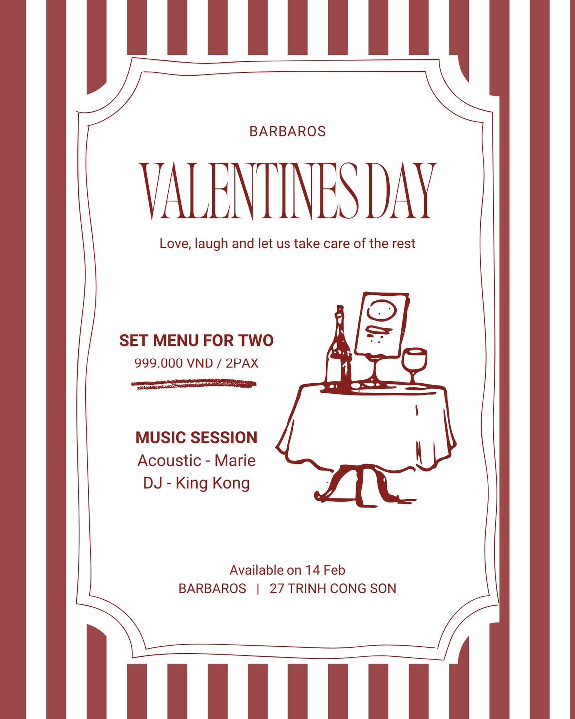 San Valentines Day menu at Barbaros Restaurant in Tay Ho, Hanoi, Vietnam.