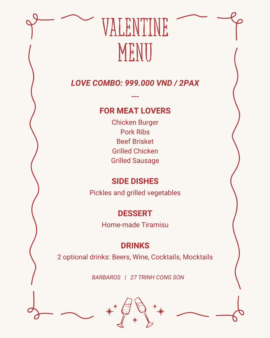 San Valentines Day menu at Barbaros Restaurant in Tay Ho, Hanoi, Vietnam.