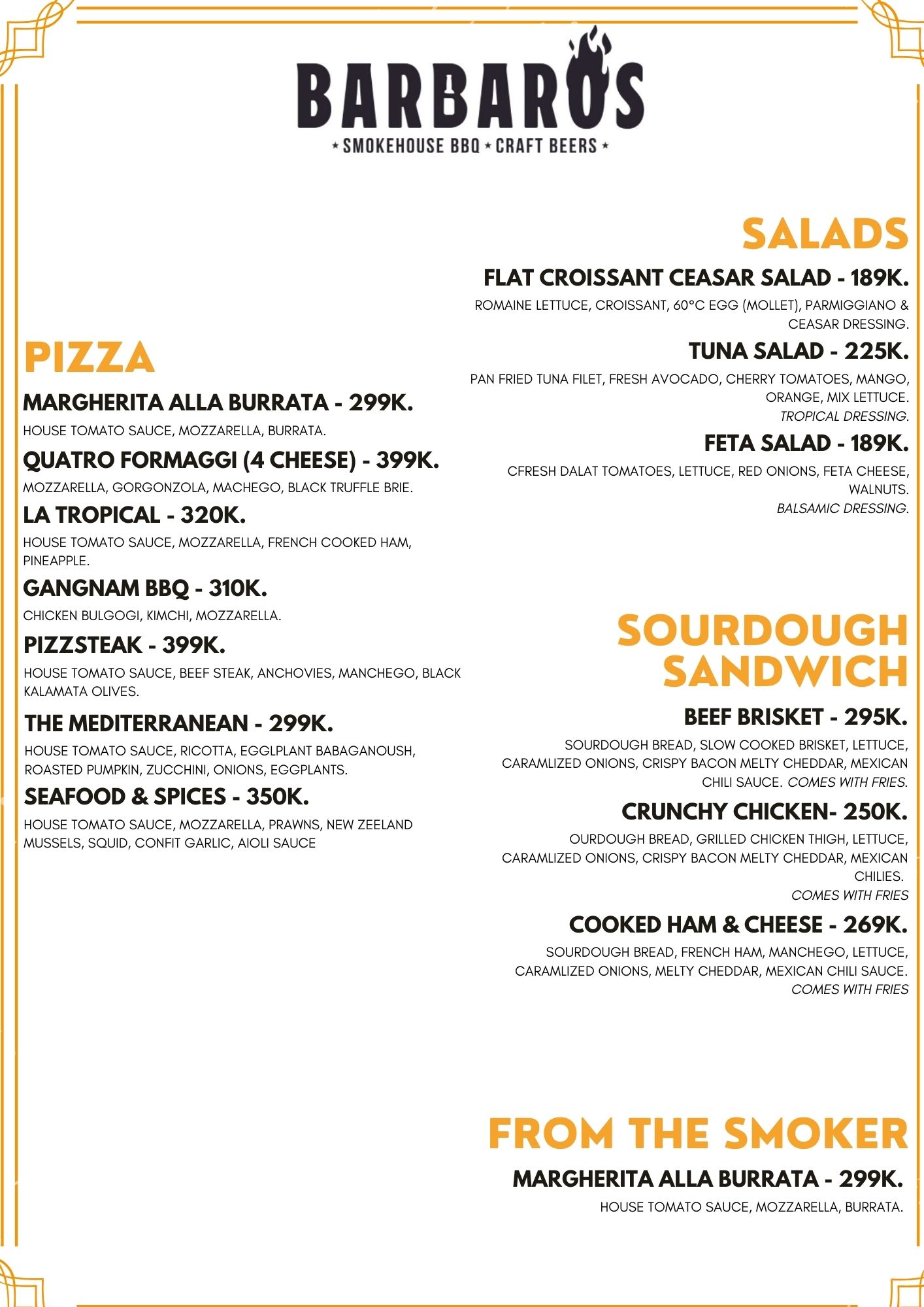 Barbaros Hanoi restaurant Lunch Menu for the weekends from 11:00 to 15:00