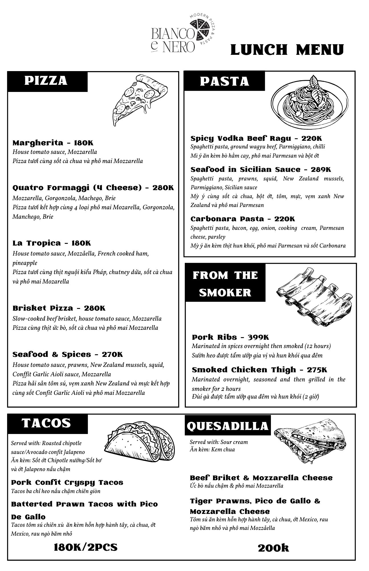 Barbaros Hanoi restaurant Lunch Menu for the weekends from 11:00 to 16:00
