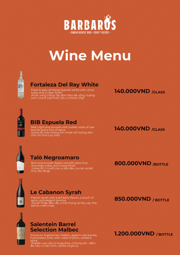 Barbaros restaurant wine selection for July 2025 in Tay Ho, Hanoi, Vietnam.