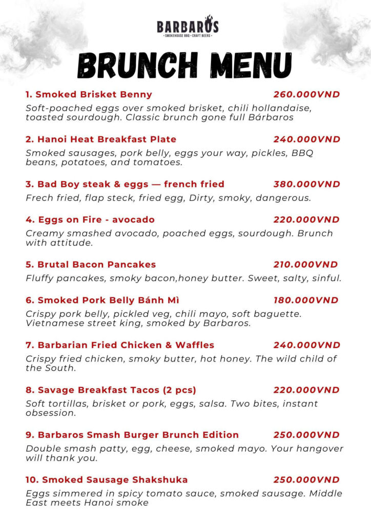 Brunch Menu for the weekends at Barbaros Restaurant in Tay Ho, Hanoi, Vietnam