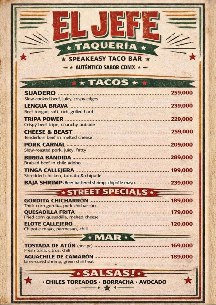 Tuesday Tacos menu at Barbaros Restaurant, Tay Ho, Hanoi; Vietnam. Mexican food.