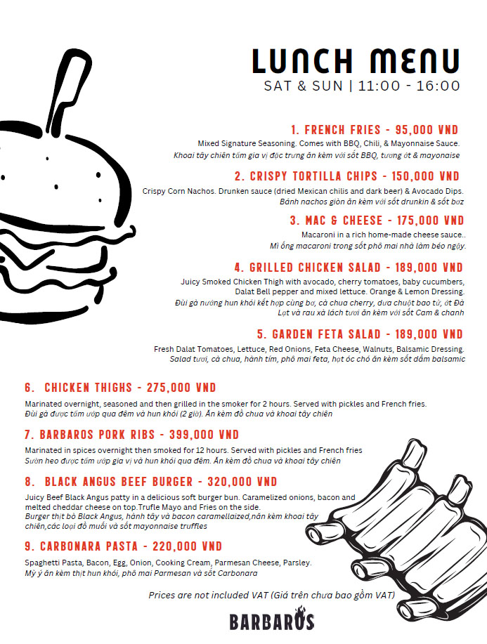 Barbaros Restaurant Lunch Menu for the weekends at Tay Ho, Hanoi, Vietnam