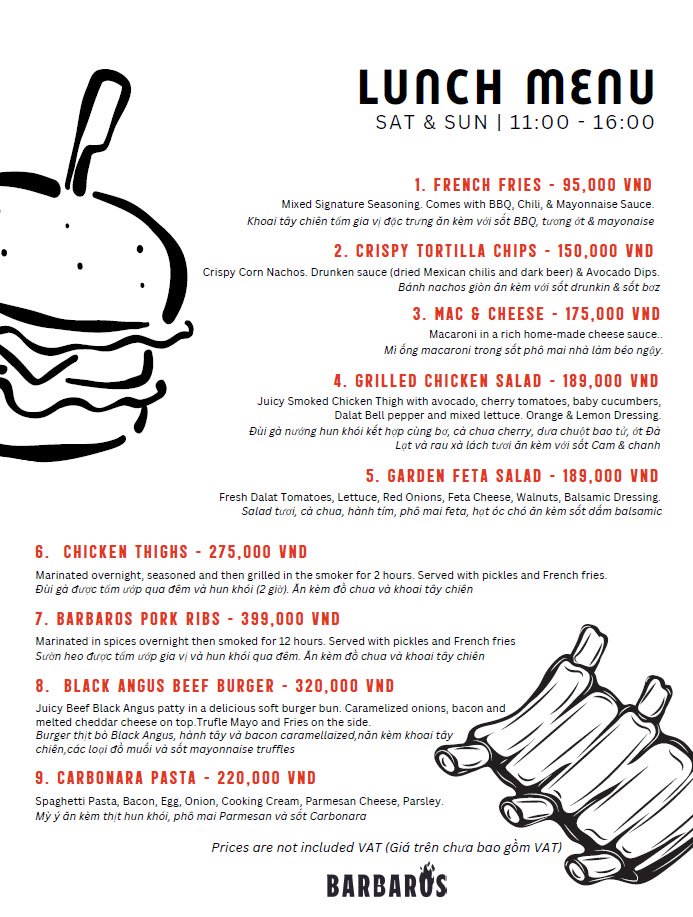 Barbaros Restaurant Lunch Menu for the weekends at Tay Ho, Hanoi, Vietnam